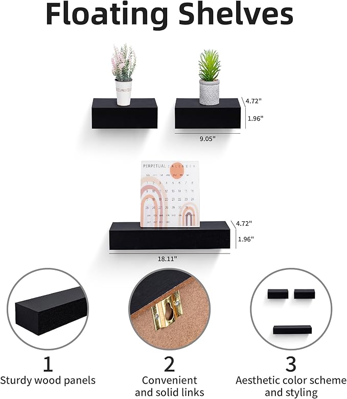 Floating Wall Shelves Set of 3 – MDF Wood Wall Mounted Shelf for Living Room, Bedroom, Bathroom, Office – Decorative Storage Racks for Plants, Photos, Books (Black, Medium Set)