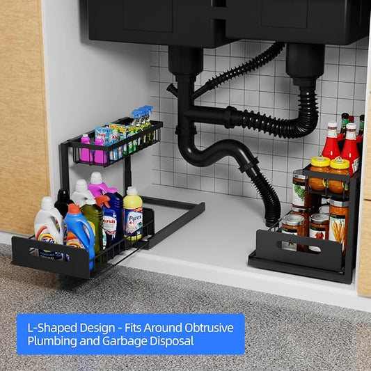 2-Tier Under Sink Slide Out Organizer, Pull Out Cabinet Storage Shelf with Sliding Wire Basket Drawer for Bathroom Kitchen, Countertop or Pantry Shelf, Black-NeatNest