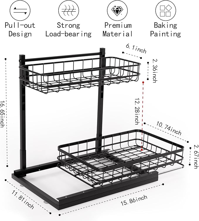 Under Sink Organizer, Adjustable Height Pull-Out Kitchen Storage Organization,15.8" x 11.8" x 16.5", 2-Tier Kitchen Shelf, Bathroom Drawer Organizer, 2 Pack|Black-NeatNest