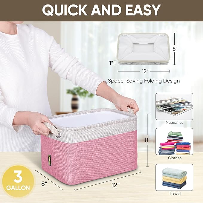 BALEINE 1 Pack Fabric Storage Bins for Shelves, Linen Storage Baskets for Organizing, Decorative Closet Bins for Clothes, Home (Pink, 12"x8"x8")-NeatNest