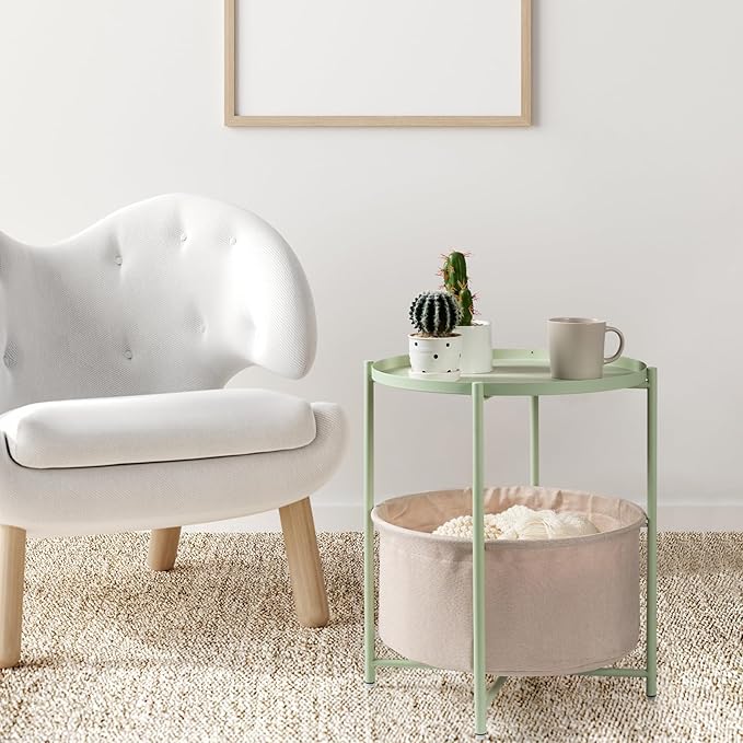 danpinera Round Side Table with Fabric Storage Basket, Metal Side Table Small Bedside Nightstand with Removable Tray Top for Living Room, Bedroom, Nursery, Laundry, Light Green-NeatNest