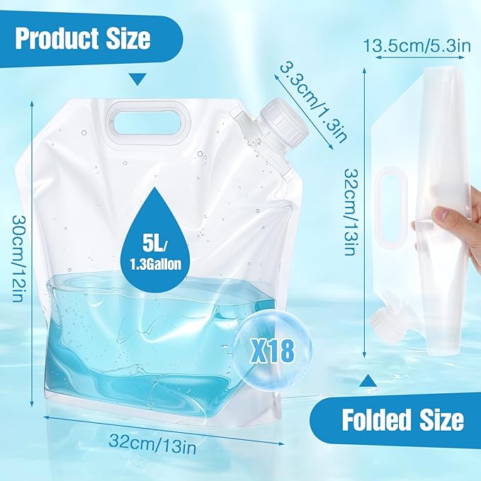 18 Pcs 5 L Collapsible Water Container Bag, Premium Collapsible Water Container Bag Emergency Water Container Freezable Food Grade Clear Plastic Storage Bag Foldable Water Bottle for Camping Riding