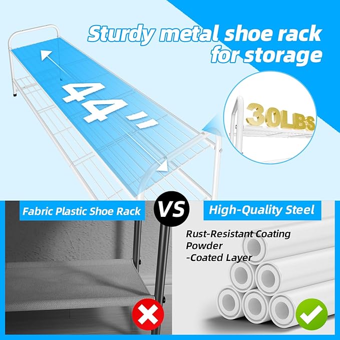 2 Tier Shoe Rack for Closet, 44 Inch Extra Long Shoe Storage Organizer for Shelves, Heavy Duty Metal, Easy Assembly, White-NeatNest
