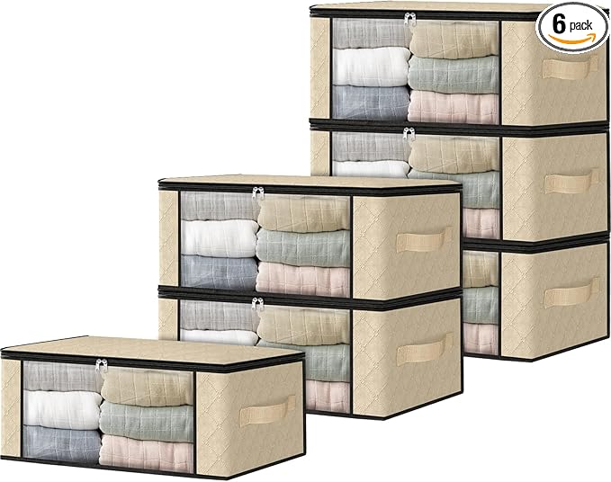 HomeHacks Storage 6-Pack Clothes Organizer Storage Bags Foldable Storage Box with Large Clear Window Sturdy Handles for Closet, Dorm, Pillows, Bedding, Clothes, Blankets, 35L, Beige-NeatNest