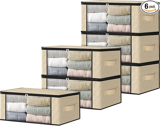 HomeHacks Storage 6-Pack Clothes Organizer Storage Bags Foldable Storage Box with Large Clear Window Sturdy Handles for Closet, Dorm, Pillows, Bedding, Clothes, Blankets, 35L, Beige-NeatNest