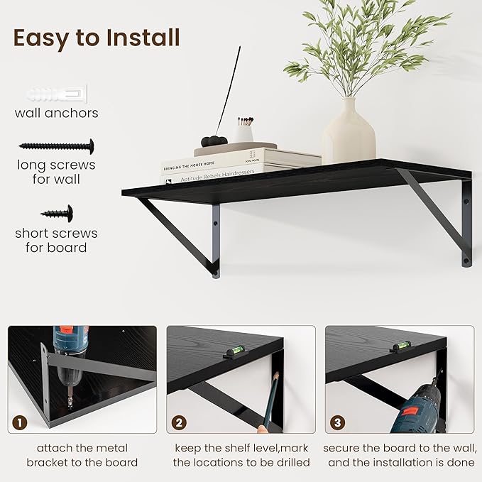 Fun Memories Deep Floating Shelves for Wall, 24W x 8D Wall Mounted Shelves Set of 2, Wide Display Ledge Shelf with Sturdy Metal Brackets for Living Room, Bathroom, Bedroom and Kitchen, Black-NeatNest