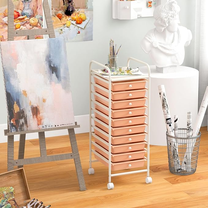 Giantex 10-Drawer Storage Cart w/Universal Wheel, Rolling Cart w/Handle, Home Organizer Storage Unit w/Removable Drawers, Trolley Utility Cart for Kitchen Makeup Living Room Office Play Room