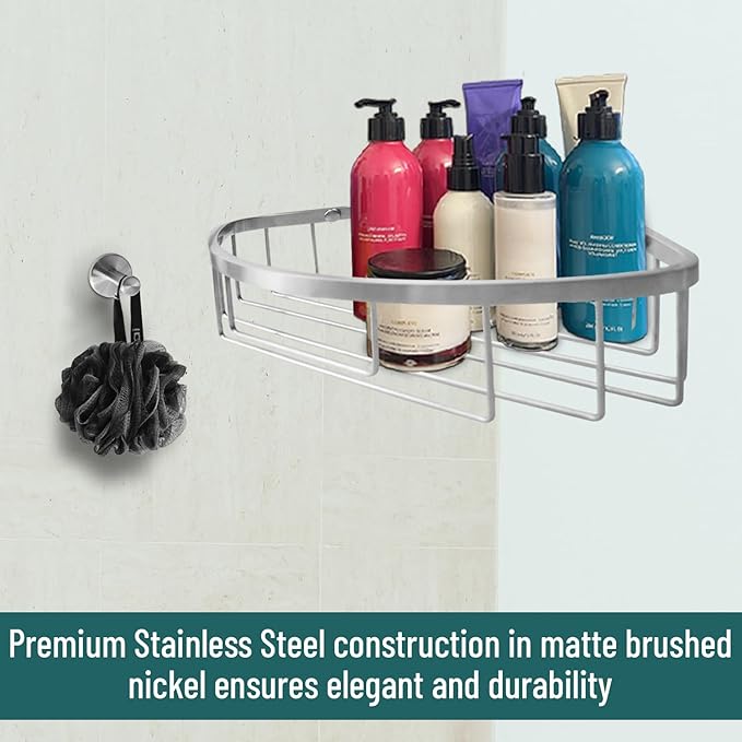Stainless Steel Wall Mount Shower Caddy, Single Hook & Bath Wipe Waterproof Durable Corner Shower Rack for Bathroom Space Saving Bathroom Organizer & Storage for Shampoos Soap Bath Items Brushed