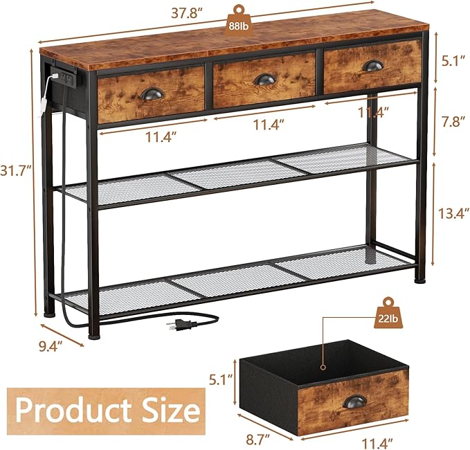 Furologee Console Table with Charging Station & 3 Fabric Drawers, 38'' Entryway Table with Storage Shelves and LED Light for Entry Way, Industrial Display Shelf for Hallway, Foyer, Rustic Brown-NeatNest