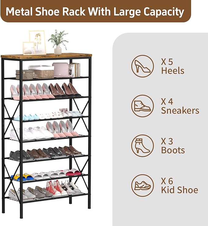 8 Tiers Tall Shoe Rack Organizer, Large Capacity Shoe Rack Holds 32 Pairs of Shoes, Durable and Stable, Adjustable Metal Shelf Stackable Shoe Shelf for Entryway, Hallway, Living Room, Closet-NeatNest