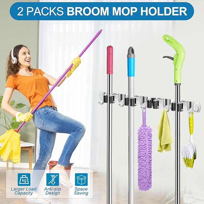 IMILLET 2 Broom Holder Wall Mounted, Stainless Steel Broom Mop Holder Self Adhesive Heavy Duty Hooks Storage Organizer for Home Laundry Room Garden Garage Closet Kitchen（4 Racks with 5 Hooks）-NeatNest