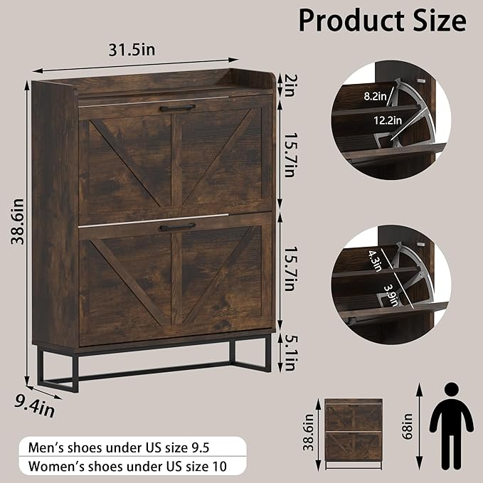 Hidden Shoe Storage Cabinets with 2 Flip Drawers and Metal Legs, Freestanding Narrow Shoe Organizer Rack for Entryway, Rustic Brown-NeatNest