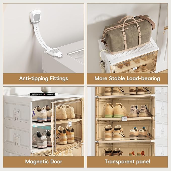 JEKO&JEKO 8 Tiers Foldable Shoe Rack Organizer Cabinet for Closet Entryway, Large Collapsible Shoe Storage Box with Magnetic Doors (White)-NeatNest