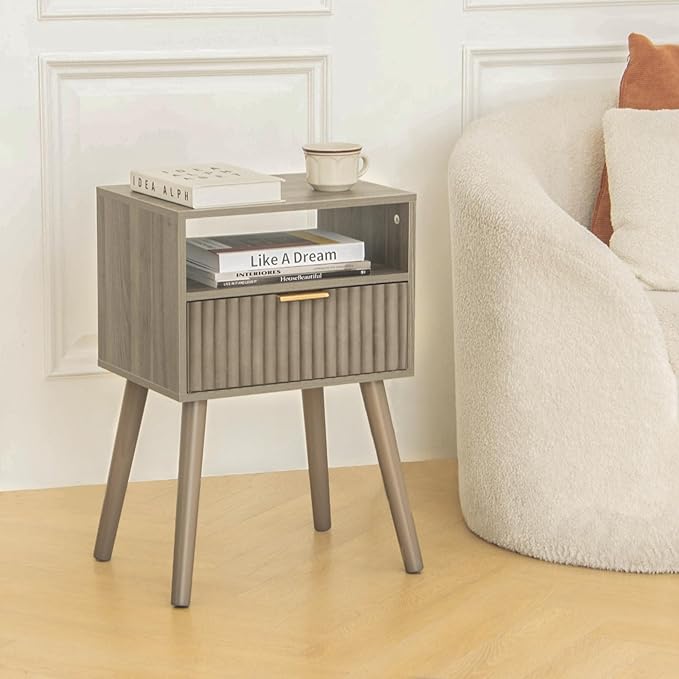 Grey Nightstand, Modern Night Stand Wood, Fluted Bedside Table with Solid Wood Legs for Bedroom, Dorm and Small Space (Grey)