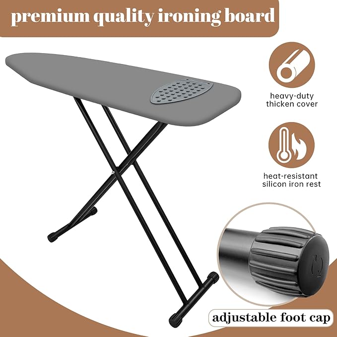 Ironing Board, Compact and Space Saver,Size 13 x 43, Metal Construction Ironing Boards with Extra Thick Heavy Duty Padded, Stable Structure,Skid Feet, Premium Iron Board,Grey