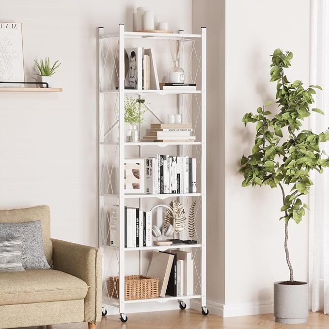 ALANNG 73.6 Inch Folding Bookshelf, 6 Tier Metal Bookcase and Bookshelves, Tall Shelves for Living Room Office Bedroom, Heavy Duty Book Shelve Free Standing Open (White, 1PACK)