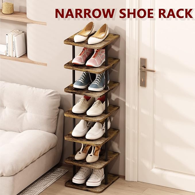 AZERPIAN Shoe Rack 7 Tier Vertical Storage Organizer Narrow Metal Slim Shelf Modern Free Standing Shoe Tower Saving Space for Closet Entryway Bedroom,Black+Rustic Brown-NeatNest