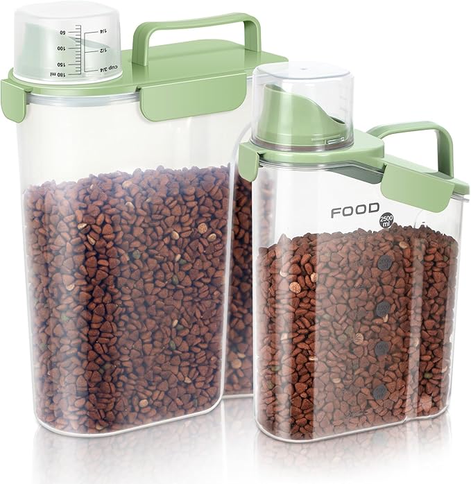 8-12 LBS Cat Dog Pet Food Storage Container, Plastic Dispenser Upgraded Large Nozzle, BPA-free, With Sealed Clasps, Measuring Cup and Handle, Easy to Clean and Carry -2 Packs Leaf Green-NeatNest
