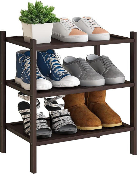 BMOSU 3-Tier Bamboo Small Shoe Rack Premium Stackable Shoe Shelf Storage Organizer for Hallway Closet Living Room Entryway Organizer(Brown)-NeatNest