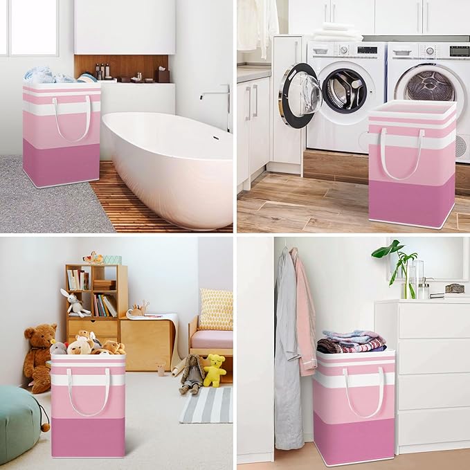 HomeHacks 2 Pack Large Laundry Baskets, Waterproof, Freestanding Laundry Hampers, Collapsible Clothes Hamper with Reinforced Handles in Laundry, College Dorm, Bathroom, Bedroom (Grey+Pink, 75Lx2)-NeatNest