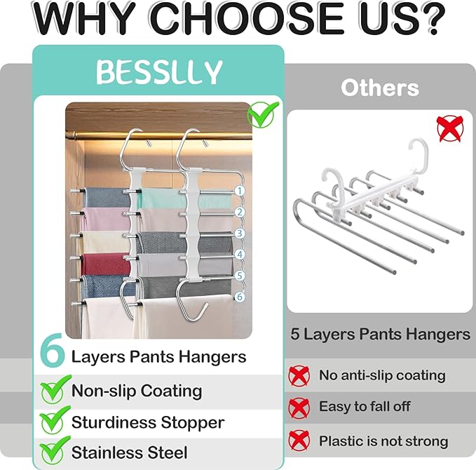 Upgrade 6 Layers Pants Hangers Space Saving, 2Pack Stainless Steel Multifunctional Rack Non Slip S-Type Clothes Jean Hanger Closet Organizer for Jeans Leggings Trousers Skirts Scarf, White-NeatNest