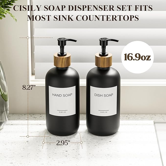 Cisily 2 Pack Black Kitchen Soap Dispenser Set with Wooden Pump, Dish and Hand Soap Lotion Dispenser Set with 6 Waterproof Stickers for Kitchen and Bathroom Decor for Counter, Modern Vintage Liquid-NeatNest