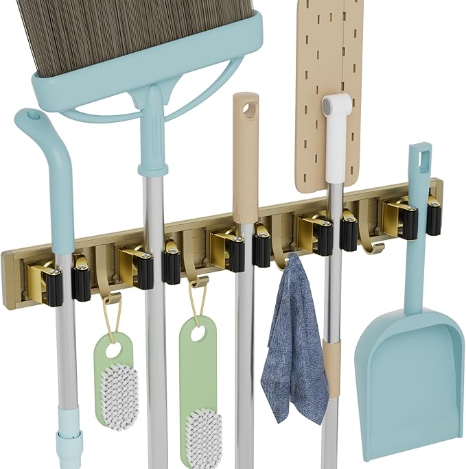 Broom Holder Wall Mount Mop and Broom Hanger Wall Mounted Garage Storage Rack Kitchen Garden Tool Organizer (5 Racks with 4 Hooks, Bronze)-NeatNest