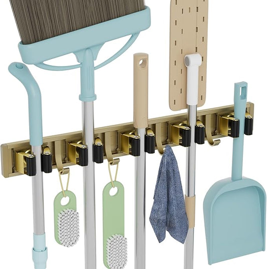 Broom Holder Wall Mount Mop and Broom Hanger Wall Mounted Garage Storage Rack Kitchen Garden Tool Organizer (5 Racks with 4 Hooks, Bronze)-NeatNest