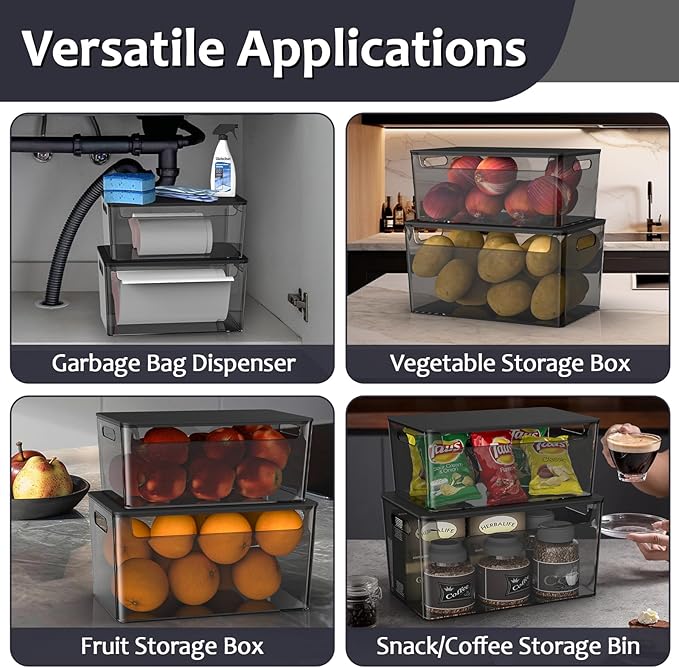 2 Pack Trash Bag Holder Under Sink Stackable, Plastic Garbage Bag Dispenser with Lid, Trash Bag Storage Dispenser Roll Holder for Kitchen, Pantry, Laundry Room Organization (Black)-NeatNest
