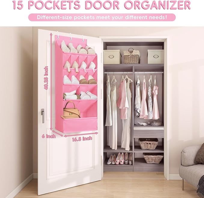 FENTEC 1 Pack Over-the-Door-Shoe-Organizers, Hanging Shoe Organizers with Large Pocket Shoe Holder Hanging Shoe Rack for Closet Shoe Organizer for Wall, Over Door Organizer with 15 Pockets Pink-NeatNest