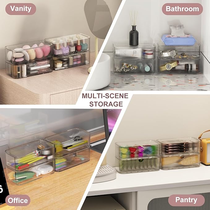 4 Pack Stackable Storage Drawers, Clear Acrylic Makeup Organizer for Vanity, Plastic Storage Bins, Multi-Purpose Cosmetic Display Organizers for Jewelry, Bathroom, Office, Pantry, Home Organization-NeatNest