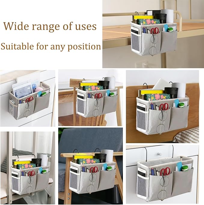 2-Pack Bedside Caddy, Bedside Hanging Storage Organizer for College Dorm Beds, Bunk Beds and Hospital Beds Rails, The Hanging Basket Can be Placed Magazine, Books, Phones,kettle, Glasses (Grey)-NeatNest