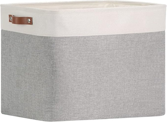 DULLEMELO Storage Baskets Large 16"x12"x12" Tall Rectangular Baskets Fabric Storage Bins for Organizing [1 Pack] Collapsible Linen Shelf Baskets for Clothes, Toys, Closet, Laundry (White&Grey)-NeatNest