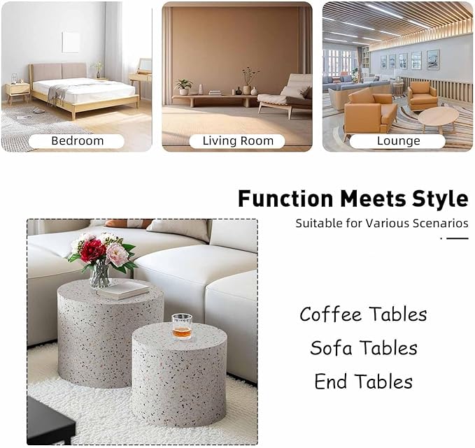 Modern Round Nesting Coffee Table Set of 2, Vertical Stripe Design Drum Coffee Table Cocktail Table, Round Side Table for Living Room, Bedroom, Office, Balcony (H14.6+18.1")