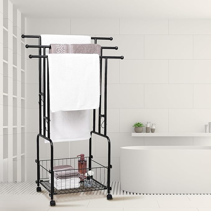 42" Tall Bathroom Towel Rack, Standing Towel Racks, 3 Tier Towel Holder with Storage Basket & 4 Hooks, Indoor Outdoor Freestanding Towel Racks with Anti-Skid Wheels, Pool Towel Blanket Stand