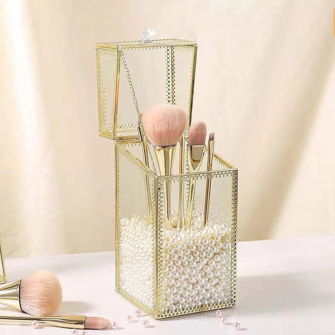 Glass Makeup Brush Holder with Lid Organizer Vintage Cosmetic Hexagonal Display Cases Brush Storage with Free White Pearls - Gold-NeatNest