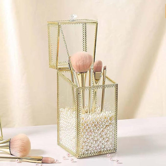 Glass Makeup Brush Holder with Lid Organizer Vintage Cosmetic Hexagonal Display Cases Brush Storage with Free White Pearls - Gold-NeatNest