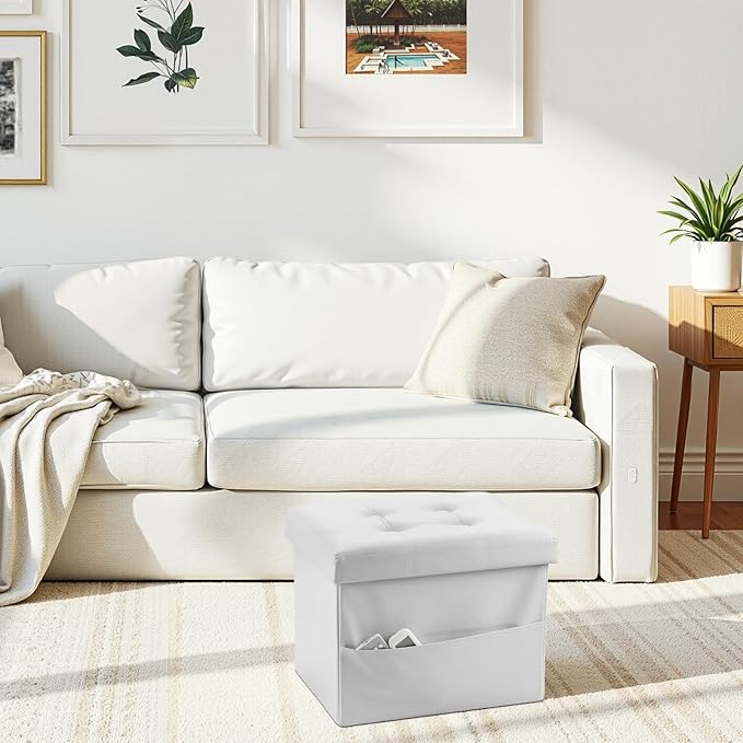 AmasSmile White Storage Ottoman Folding Foot Rest Stool with Side Pocket, 16 inch Leather Footstool Bench, Short Ottoman Bench, Storage Foot Rest Store, Books-NeatNest
