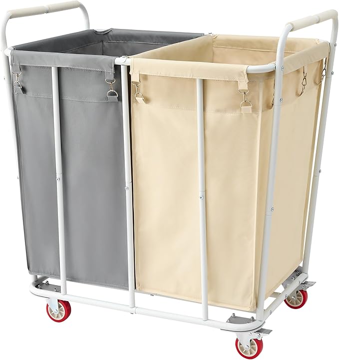 Hoctieon 2 Section Laundry Sorter Cart, 400L Rolling Hamper with Wheels, Industrial Laundry Basket Organizer, Extra Large Dirty Clothes Hamper for Home & Hotel, Heavy Duty, Gray+Beige-NeatNest