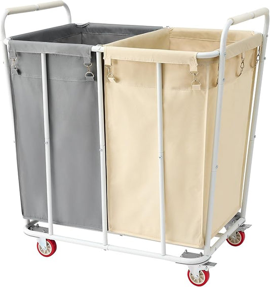 Hoctieon 2 Section Laundry Sorter Cart, 400L Rolling Hamper with Wheels, Industrial Laundry Basket Organizer, Extra Large Dirty Clothes Hamper for Home & Hotel, Heavy Duty, Gray+Beige-NeatNest