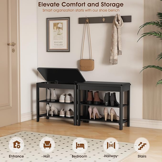Shoe Rack Bench Seat Rubberwood 2-Tier Wooden Storage Bench 550lbs Compact Mid-Century Modern Design for Entryway, Hallway, Closet, Front Door Entrance, Foyer-NeatNest