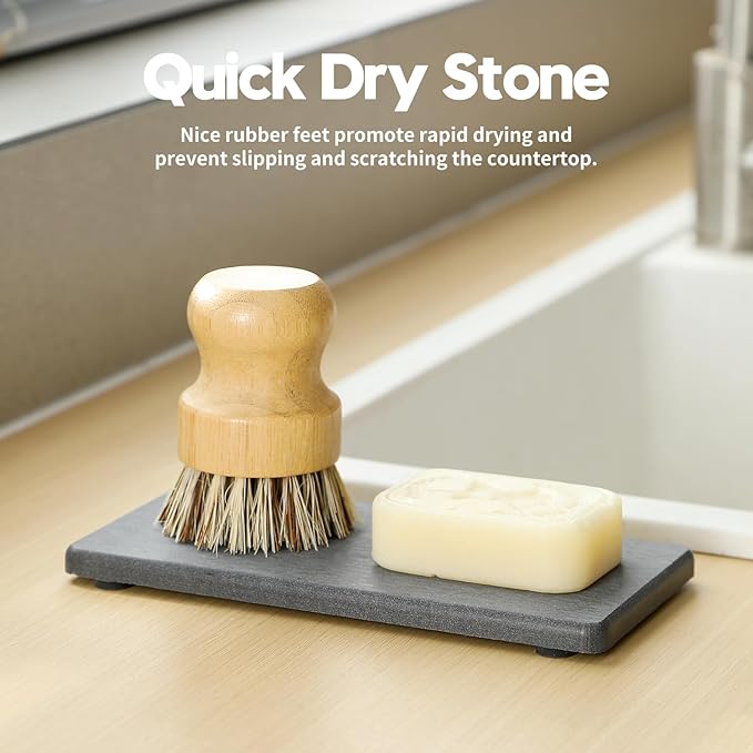 2PCS 7" x 3.5" Water Absorbing Bathroom Sink Vanity Trays, Diatomite Stone Quick Drying Mat for Kitchen Counter, Dish Rack Dispensers Sponge Holder Caddy Organizer, Dark Gray, 7"x3.5"-NeatNest