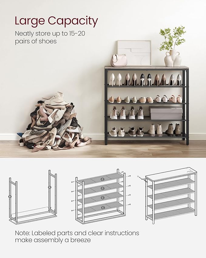 VASAGLE INDESTIC Shoe Rack, Organizer for Closet with 4 Mesh Shelves and Large Top for Bags, Entryway Hallway Shelf, Steel Frame, Industrial, Greige and Black ULBS015B02, 11.8 x 39.4 x 36.4 Inches-NeatNest