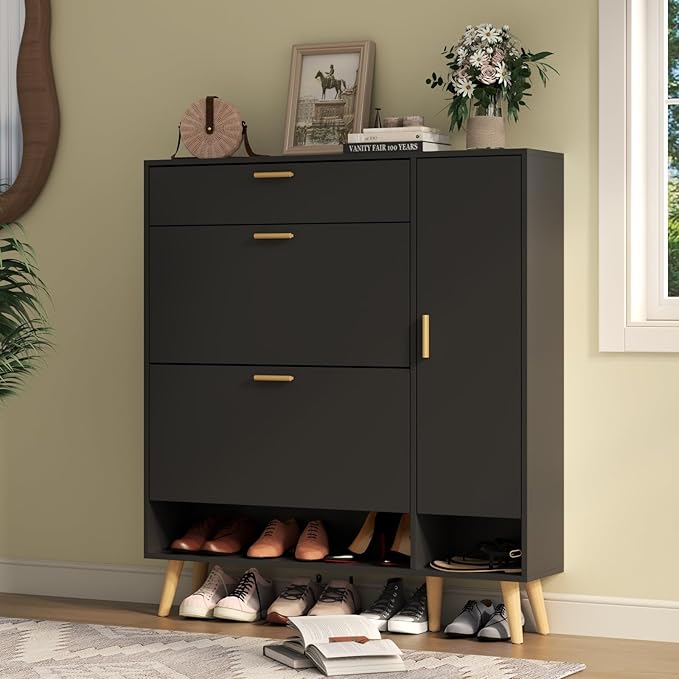 Shoe Storage Cabinets, 16 Pairs Free Standing Shoe Organizer with 2 Flip Drawers for Entryway, Narrow 3 Tier Entryway Hidden Shoe Rack with Doors (Upgraded Black)-NeatNest