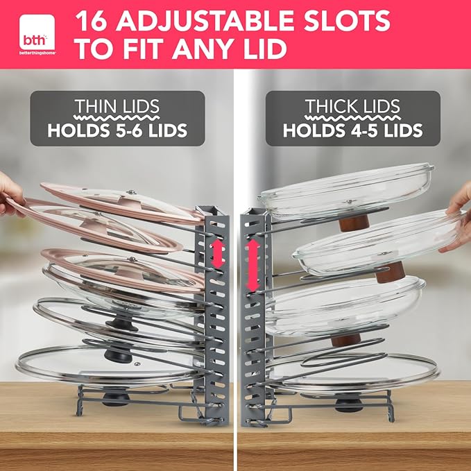 BTH Adjustable Pot Lid Organizer for Cabinet - Kitchen Storage Rack 6 Adjustable Shelves, Pot Lid Holder, Pan and Pot Rack Organizer, Pantry & Inside Cabinet Organizer (13” Clearance)-NeatNest