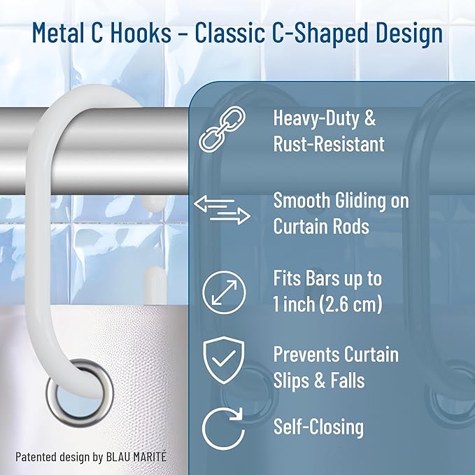 12 Metal Shower Curtain Hooks, Rust-Proof Decorative C-Shaped Curtain Hooks for Bathroom, White Shower Curtain Rings, Fits Rods Up to 1 Inch (C, White)-NeatNest