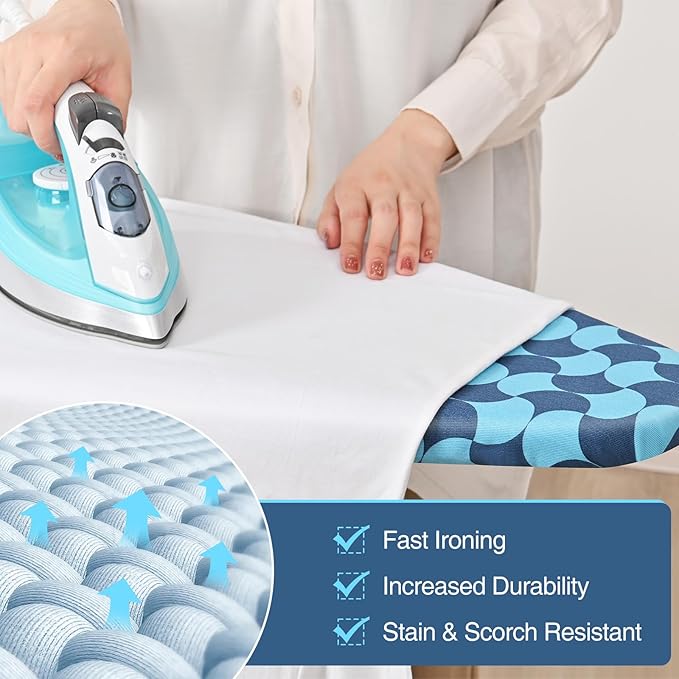 APEXCHASER Ironing Board, Foldable Iron Board with Iron Rest, Metal Panel Ironing Board, Adjustable Height Heavy Duty Irons Board with Germent Rack, Heat & Scorch Resistant Cover, 13x43 Blue