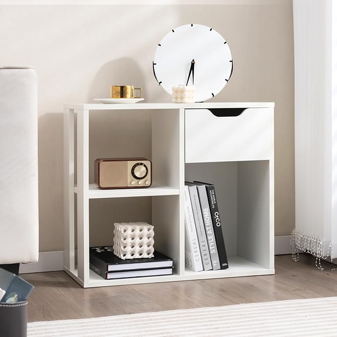 Giantex 3 Cube Bookcase with Drawer, 2 Tier Bookshelf for Small Space, Modern Freestanding Display Rack with Open Shelves, White Book Case, Wood Cube Storage Organizer Bedroom Living Room, 2 Pack