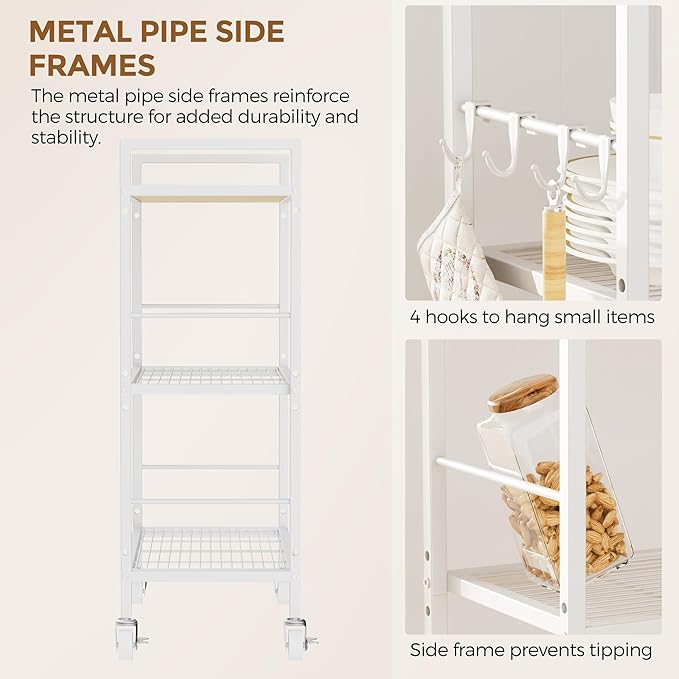 3-Tier Metal Storage Rack with Industrial Wheels,Mesh Shelving Unit with Wooden Table top,Adjustable Shelf,23.6-Inch Width,for Kitchen,Laundry,Pantry,Plant,Oak Panel and White Frame