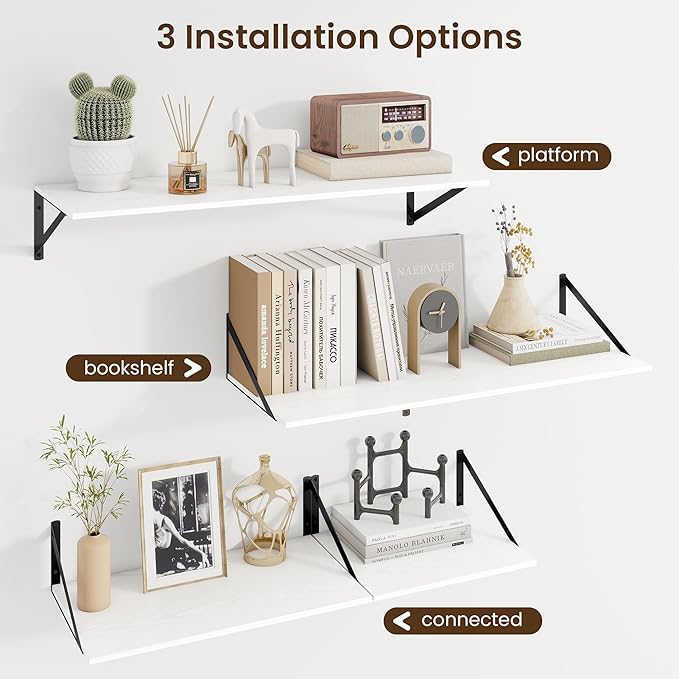 Fun Memories Floating Shelves for Wall, 12 Inch Deep Floating Shelves Set of 2, 24W x 12D Large Wall Shelf with Sturdy Metal Brackets for Living Room, Bathroom, Bedroom and Kitchen, White-NeatNest